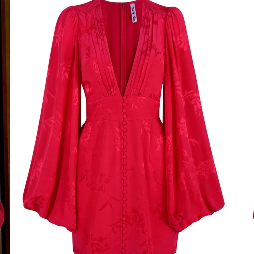 Red puff sleeve plunge dress